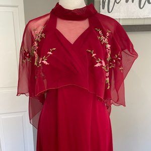 Burgundy Bridesmaid Prom Gown Dress 2 Piece with Removable Chiffon Cape